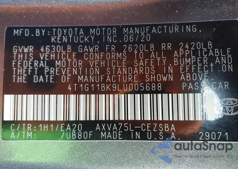 2020 Toyota Camry Se/Se Night Shade z USA, uszkodzony, nr VIN 4T1G11BK9LU005688